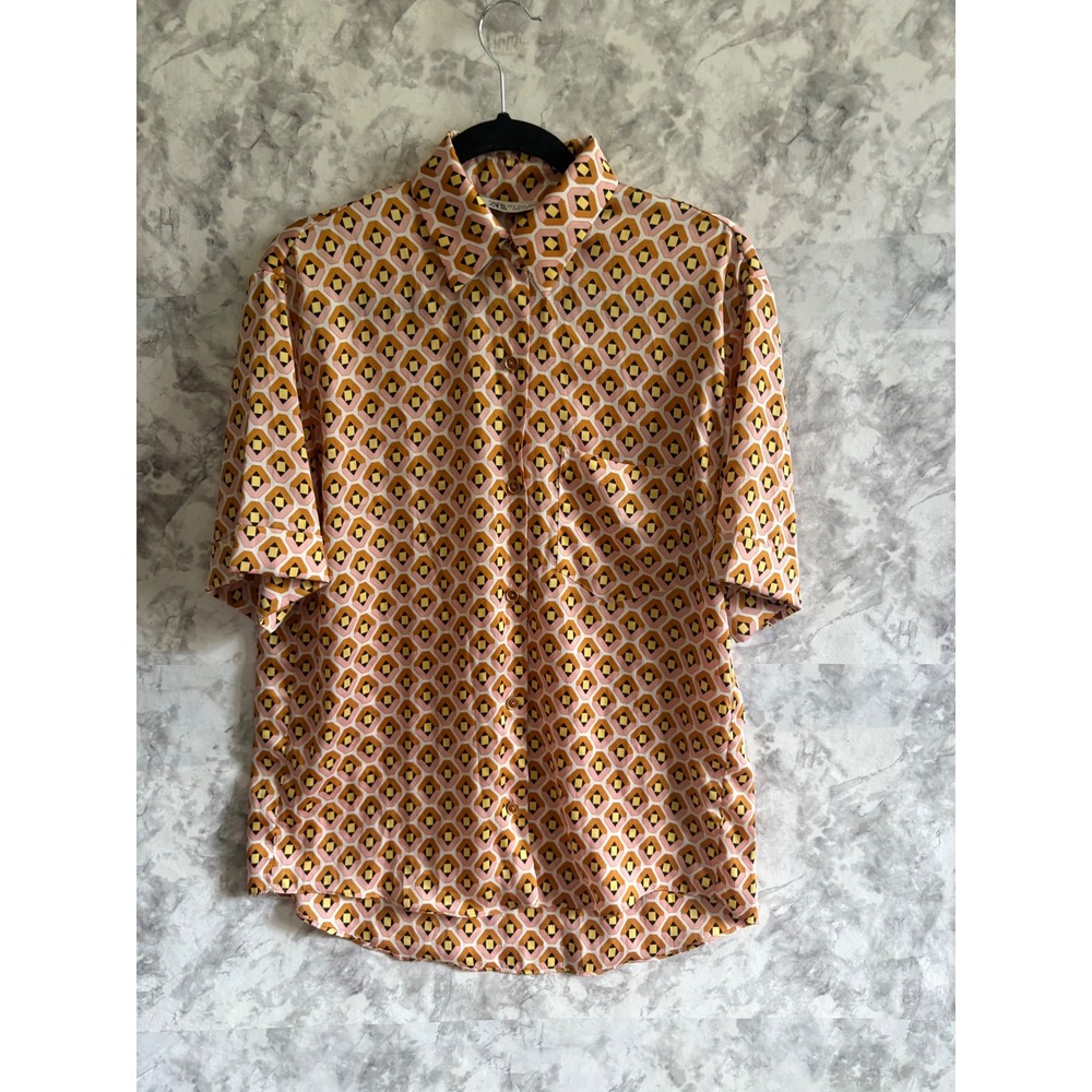 Zara Women's Button-Down Short Sleeve Shirt, Geometric Print Blouse Top‎ S